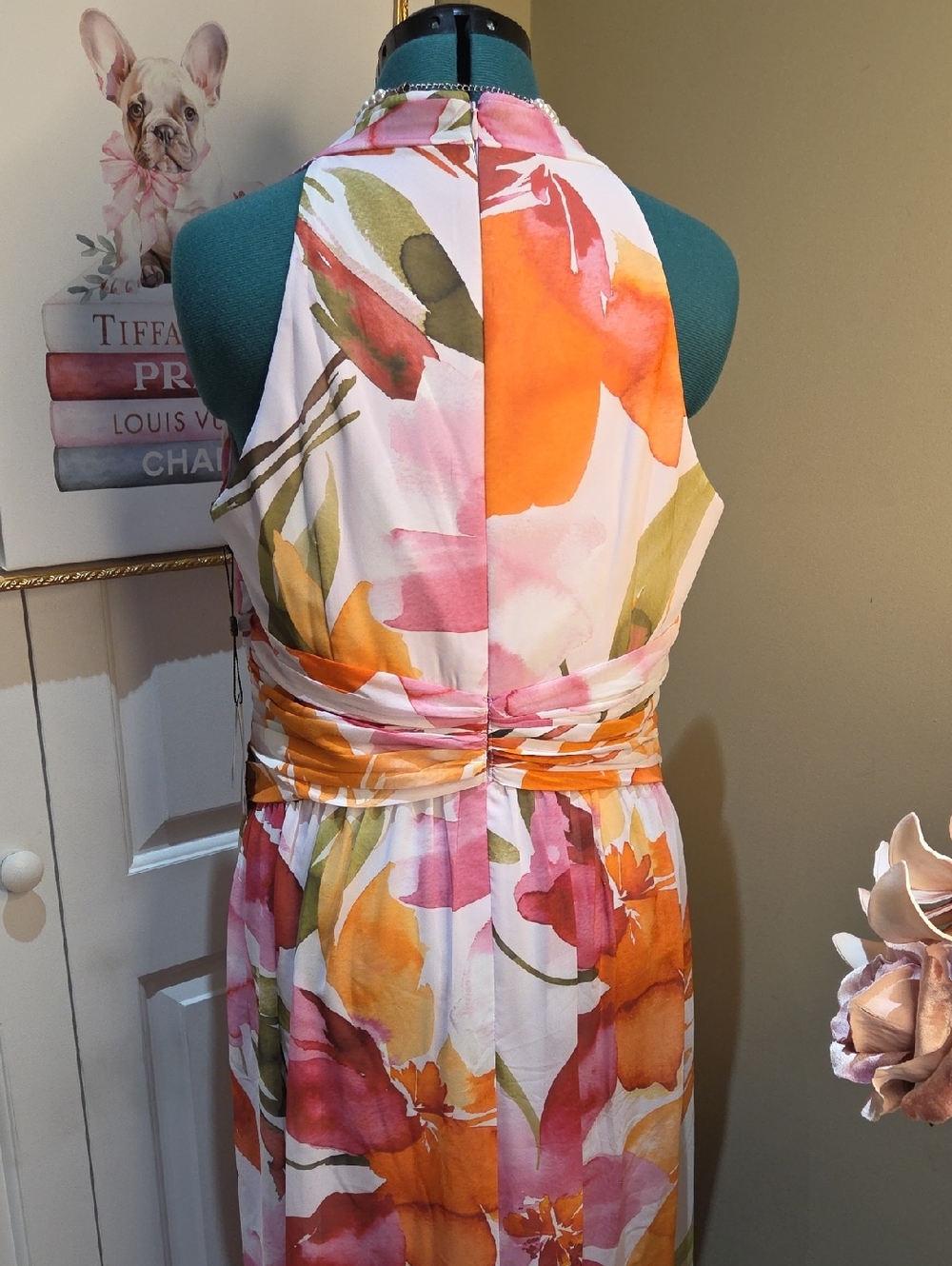 Nwt 14 $ 199 Adrianna Papell Pink & Orange Floral Halter Maxi Dress - Picture 6 of 17